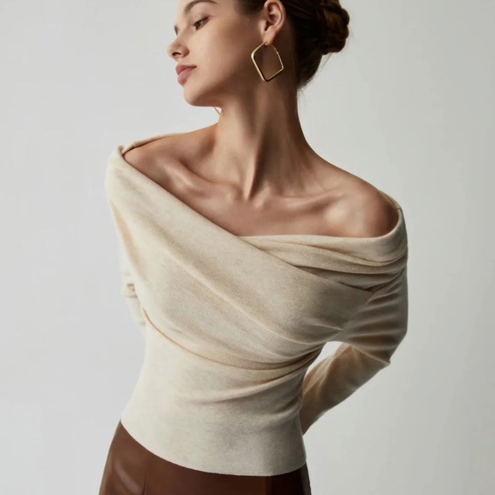 Commense Off Shoulder Wrap Long Sleeve Knit Top